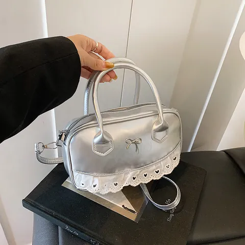 Borsa Boston da Donna Stile Coreano Balletcore in Pelle PU Fiocco Pizzo Dolce Borsa a Mano Tracolla Elegante da Pendolare