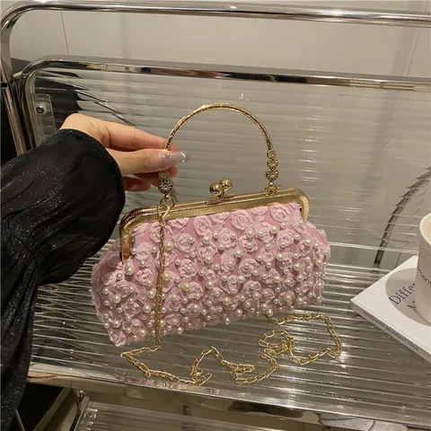 Bolso de Noche de Perlas Artificiales Para Mujer Dulce Encaje Floral Boda Fiesta Bolso de Mano Con Cadena de Oro Y Asa de Anillo