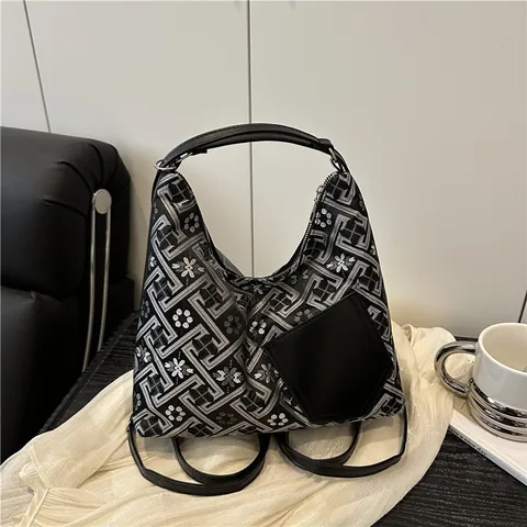 Neuer Chinesischer Stil Jacquard Unterarmtasche Für Damen Vintage Geometrische Blume Hobo Schultertasche PU Leder Patchwork Handtasche