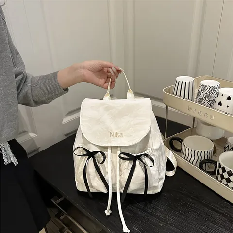 Koreaanse Stijl Strik Gekreukelde Textuur Rugzak Voor Vrouwen Zoete Meisjes Schooltas Lichtgewicht Nylon Reistas Met Borduurwerk