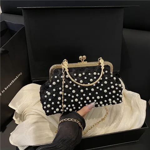 Bolso de Noche de Perlas Artificiales Para Mujer Dulce Encaje Floral Boda Fiesta Bolso de Mano Con Cadena de Oro Y Asa de Anillo