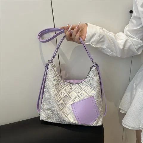 Neuer Chinesischer Stil Jacquard Unterarmtasche Für Damen Vintage Geometrische Blume Hobo Schultertasche PU Leder Patchwork Handtasche