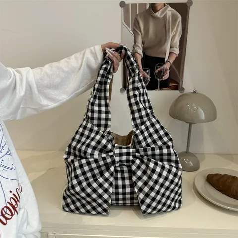 Borsa Tote in Tela Gingham Vintage Coreano per Donna Grande Fiocco Borsa a Spalla Leggera in Tessuto Casual Borsa per la Spesa Quotidiana