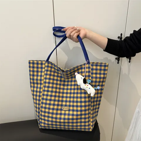 Vintage Gingham Plaid Tote Bag Large Capacity Canvas Shoulder Bag Daily Casual Handbag With Plush Dog Charm For Women