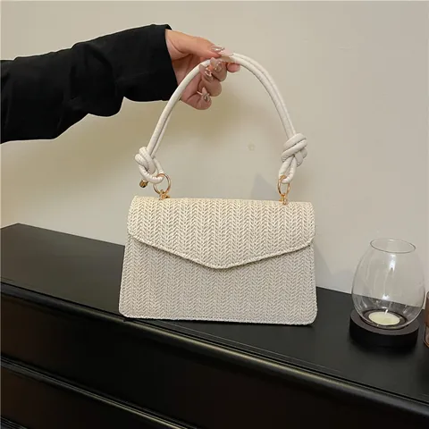 Damen Strohgeflochtene Umhängetasche Knotengriff Umschlagklappe Handtasche Mit Goldener Kette Sommer Urlaub Strandtasche