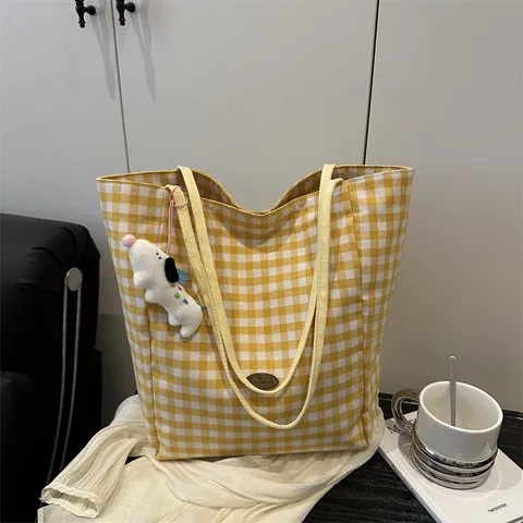 Vintage Gingham Plaid Tote Bag Large Capacity Canvas Shoulder Bag Daily Casual Handbag With Plush Dog Charm For Women