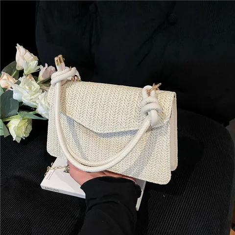 Damen Strohgeflochtene Umhängetasche Knotengriff Umschlagklappe Handtasche Mit Goldener Kette Sommer Urlaub Strandtasche