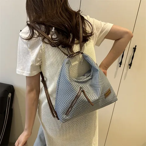 Women Casual Herringbone Woven Tote Bag Large Capacity Hobo Bag Fabric PU Leather Shoulder Crossbody Bag Adjustable Strap