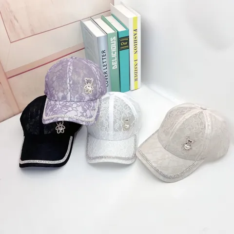 Luxury Women Lace Baseball Cap With Rhinestone Bear Artificial Pearl Heart Decoration Hollow Out Breathable Sun Hat Adjustable Fashion Mesh Hat