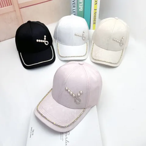 Luxury Women Floral Jacquard Baseball Cap With Rhinestone Chain Artificial Pearl Heart Buckle Adjustable Cotton Blend Fashion Sun Hat