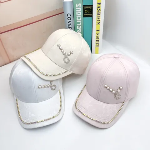 Luxury Women Floral Jacquard Baseball Cap With Rhinestone Chain Artificial Pearl Heart Buckle Adjustable Cotton Blend Fashion Sun Hat