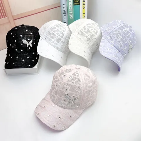 Women's Lace Hollow Out Baseball Cap Butterfly Rhinestone Breathable Sun Hat Elegant Summer Outdoor Adjustable Beach Mesh Hat