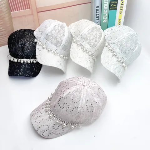 Women Fashion Lace Sequin Baseball Cap Elegant Faux Artificial Pearl Rhinestone Chain Sun Hat Breathable Mesh Adjustable Vacation Outdoor Hat