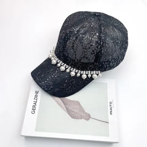 Women Fashion Lace Sequin Baseball Cap Elegant Faux Artificial Pearl Rhinestone Chain Sun Hat Breathable Mesh Adjustable Vacation Outdoor Hat