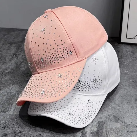 Gorra de Béisbol de Moda con Estrella de Strass Mujer Hecha a Mano Poliéster Ajustable Protección Solar Sombrero Casual
