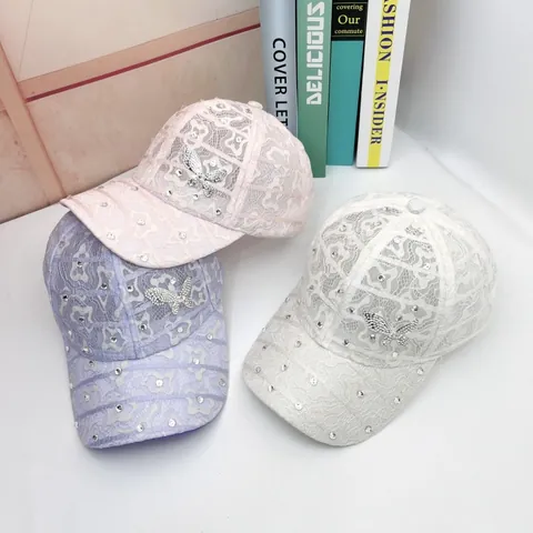 Women's Lace Hollow Out Baseball Cap Butterfly Rhinestone Breathable Sun Hat Elegant Summer Outdoor Adjustable Beach Mesh Hat