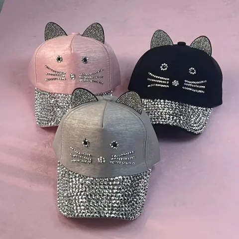 Cappellino da Baseball con Orecchie da Gatto per Donna Bambini Cappello con Visiera e Strass in Cotone Parasole Estivo Moda Viaggio