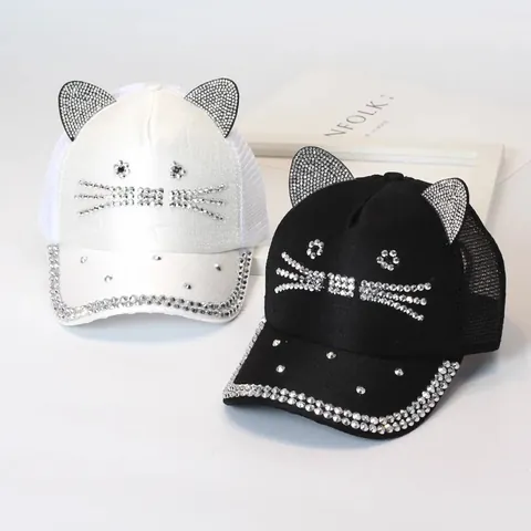 Dames Meisjes Schattig Strass Kattenoren Honkbalpet Gaas Ademend Zonnehoed Verstelbaar Zomer Trucker Hat Roze Wit Zwart
