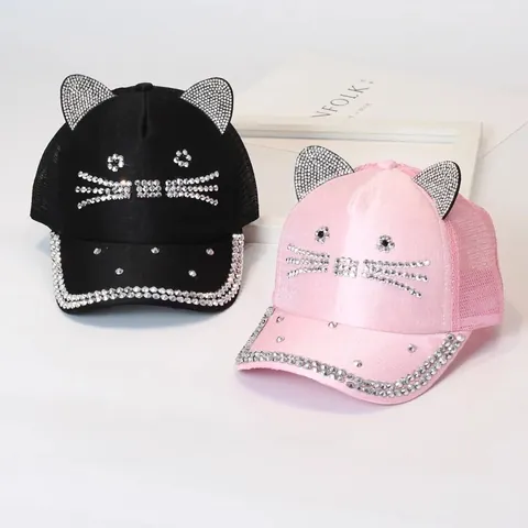 Dames Meisjes Schattig Strass Kattenoren Honkbalpet Gaas Ademend Zonnehoed Verstelbaar Zomer Trucker Hat Roze Wit Zwart