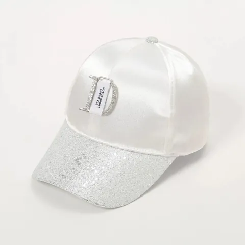 Cappello da Baseball da Donna in Raso con Lettera di Strass Visiera con Paillettes Brillantinate Protezione Solare Regolabile