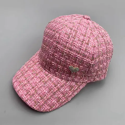 Women Small Fragrance Tweed Baseball Cap With Rhinestone Heart Plaid Pattern Sun Protection Fashion Casual Peaked Hat