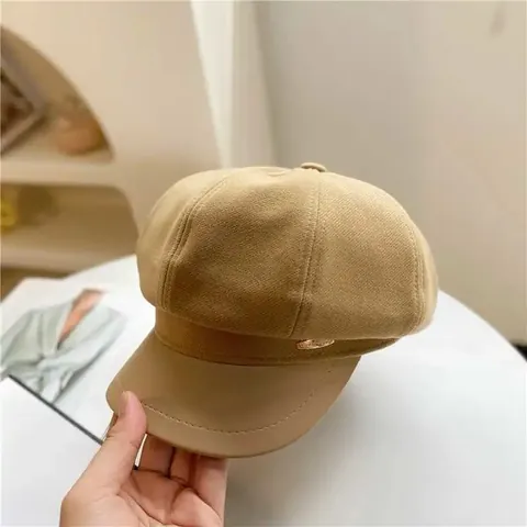 Vintage Patchwork Woolen PU Leather Newsboy Cap For Women Autumn Winter Warm Octagonal Hat With Metal Label