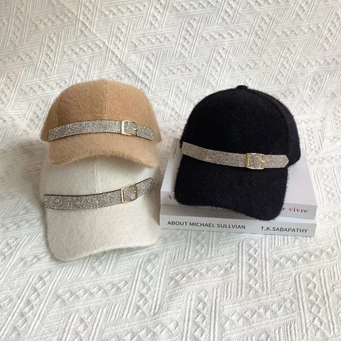 Berretto da Baseball in Ciniglia con Fibbia in Strass Moda Donna Invernale Autunnale in Peluche Regolabile Cappello da Viaggio Quotidiano