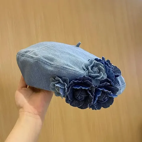 Boina de Denim Vintage para Mujer Con Decoración de Flores 3D Hecha a Mano Sombrero de Pintor de Algodón Lavado Retro Elegante