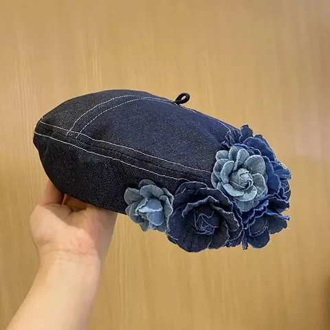 Boina de Denim Vintage para Mujer Con Decoración de Flores 3D Hecha a Mano Sombrero de Pintor de Algodón Lavado Retro Elegante