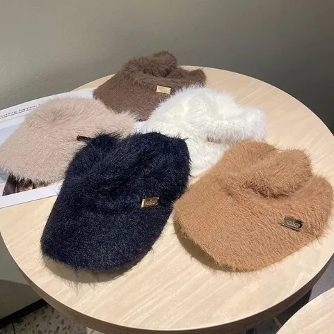 Women Winter Mohair Warm Open Top Hat Ponytail Friendly Plush Faux Fur Sun Visor Outdoor Sports Casual Wide Brim Baseball Cap