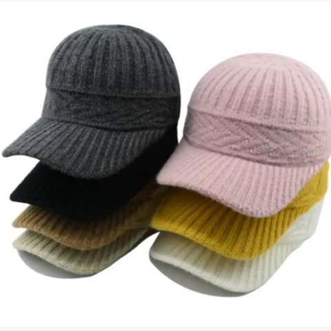 Women Winter Knitted Baseball Cap Acrylic Warm Cable Knit Peaked Hat Solid Color Ribbed Adjustable Duck Tongue Hat