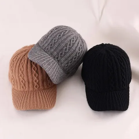Berretto da Baseball in Maglia Calda Invernale da Donna Morbido Acrilico a Trecce con Visiera Tinta Unita Regolabile Moda Cappello Casual