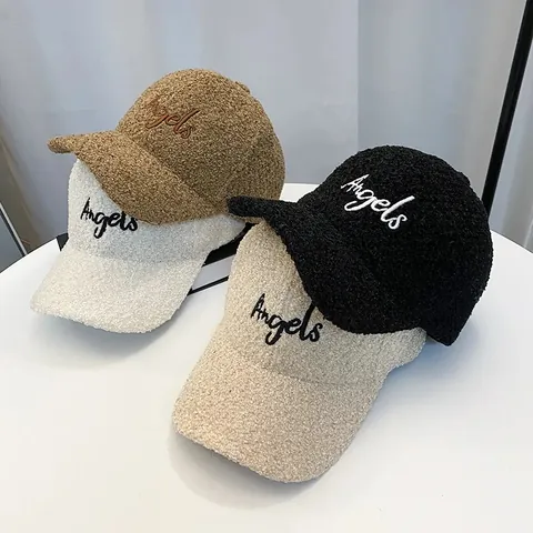 Berretto da Baseball in Pile Teddy da Donna Invernale con Ricamo Angels Caldo Cappellino con Visiera Regolabile Casual Moda