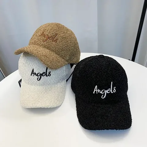 Berretto da Baseball in Pile Teddy da Donna Invernale con Ricamo Angels Caldo Cappellino con Visiera Regolabile Casual Moda