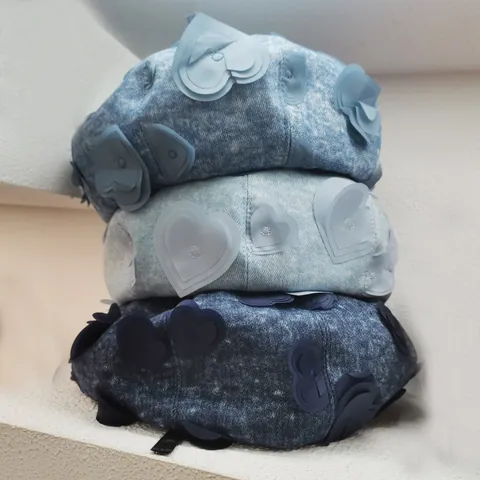 Women Denim Beret Hat With 3D Heart Applique Rhinestone Sweet Korean Style Cotton Painter Hat For Casual Daily Dating