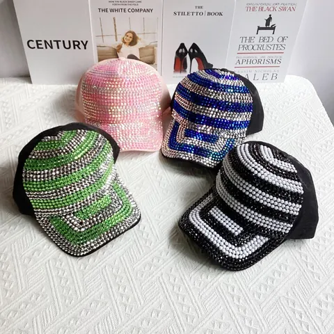 Lussuoso Berretto da Baseball con Strass da Donna in Cotone Mercerizzato con Rete Posteriore a Strisce Geometriche Cappello da Sole Regolabile alla Moda