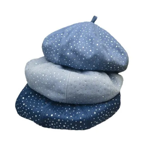 Béret en Denim Délavé pour Femme avec Strass Casquette de Peintre Scintillante Coiffe Décontractée Chic pour Printemps Automne