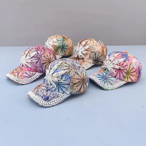 Casquette de Baseball de Luxe avec Strass et Künstliche Perles pour Femmes Imprimé Floral en Dentelle Chapeau de Soleil Réglable
