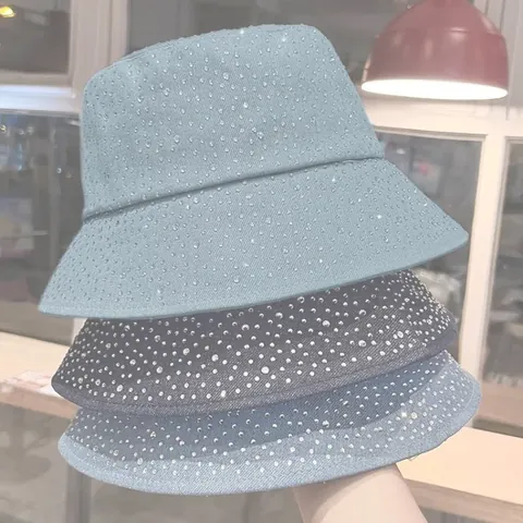 Μοντέρνο Καπέλο Bucket από Πλυμένο Denim με Στρας για Γυναίκες Καθημερινό Καπέλο Προστασίας από τον Ήλιο για Ταξίδια