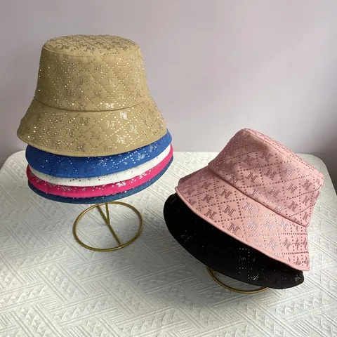 Luxury Rhinestone Letter Quilted Bucket Hat For Women Fashion Cotton Sun Protection Foldable Summer Beach Travel Basin Hat