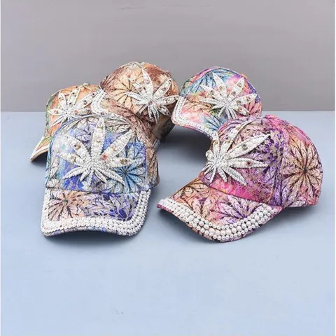 Casquette de Baseball de Luxe avec Strass et Künstliche Perles pour Femmes Imprimé Floral en Dentelle Chapeau de Soleil Réglable