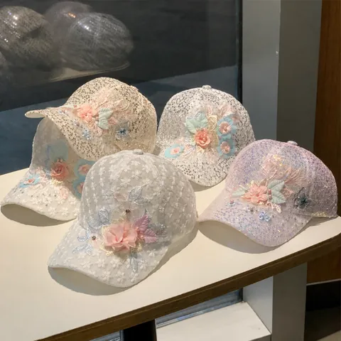 Casquette Baseball in Pizzo Donna Con Decorazione Floreale 3D Paillettes Strass Perla Mesh Traspirante Cappello Sole per Vacanza