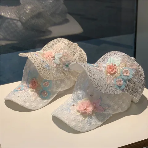 Women's Fashion Lace Baseball Cap With 3D Flower Sequins Rhinestone Pearl Decoration Mesh Breathable Sun Hat For Vacation