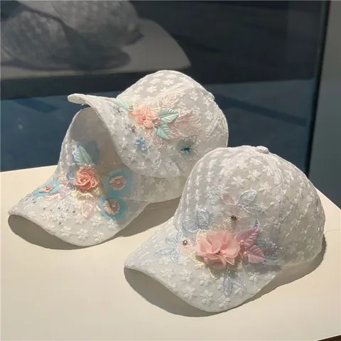 Women's Fashion Lace Baseball Cap With 3D Flower Sequins Rhinestone Pearl Decoration Mesh Breathable Sun Hat For Vacation