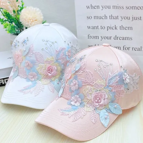 Women's Satin Baseball Cap With 3D Floral Embroidery Rhinestone Faux Pearl Sun Hat Adjustable Fashion Decorative Outdoor Headwear