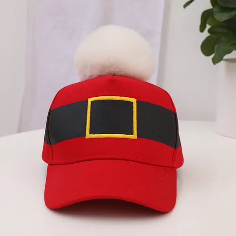 Berretto da Baseball Rosso di Natale Con Grande Pompon Bianco Ricamo Cintura di Babbo Natale Invernale Caldo Regolabile in Cotone Donna