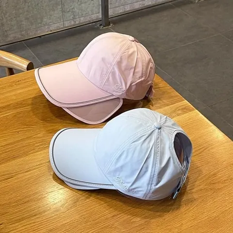 Women Quick Dry Baseball Cap With Ponytail Hole Long Retractable Brim UV Protection Reflective Strip Outdoor Sun Hat