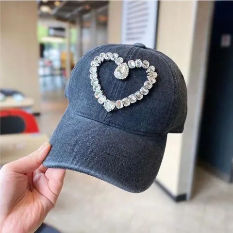 Damen Mode Herz Strass Denim Baseball Kappe Luxus Gewaschene Baumwolle Verstellbarer Sonnenhut Distressed Soft Top Outdoor Casual Trucker Hut