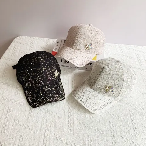 Women Fashion Lace Rhinestone Baseball Cap Breathable Hollow Out Sun Hat With Crystal Leaf Flower Decoration Adjustable Summer Hat