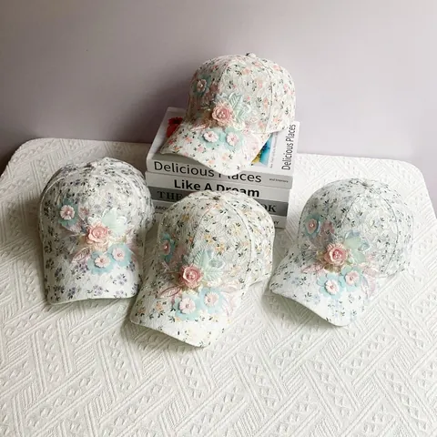 Women Sweet Lace Floral Baseball Cap 3D Flower Decoration Rhinestone Artificial Pearl Sunscreen Breathable Outdoor Fashion Adjustable Sun Hat